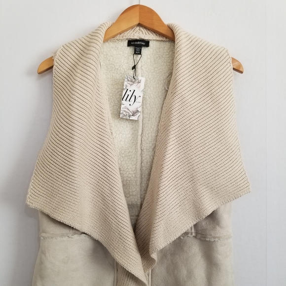 NWT Le Chateau Beige Faux Suede Sherpa Knit Vest Jacket Size Medium - Picture 2 of 7
